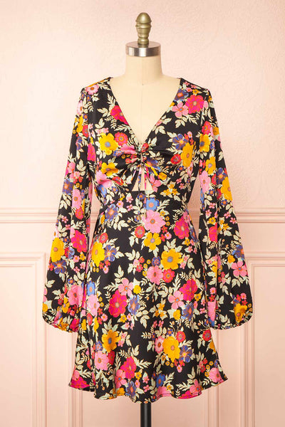 Veradis Black Short Dress w/ Colorful Floral Pattern | Boutique 1861 front view
