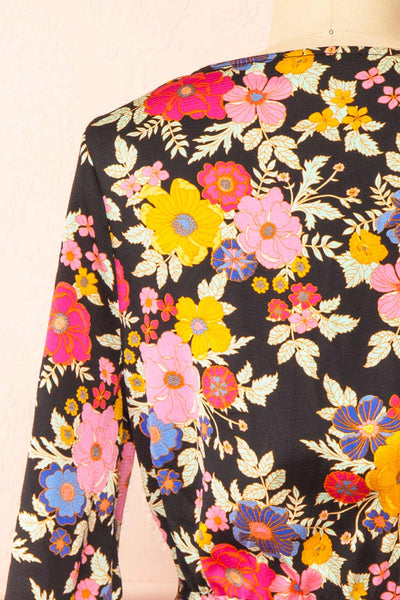 Veradis Black Short Dress w/ Colorful Floral Pattern | Boutique 1861 back