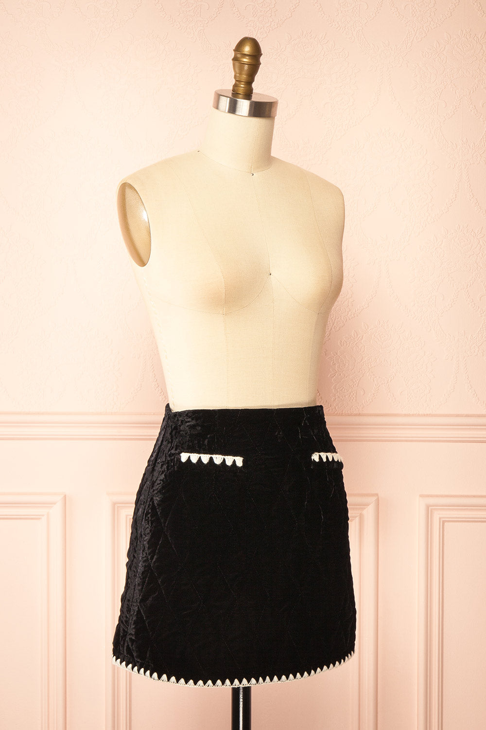 Verana Black Velvet Mini Skirt with White Trim | Boutique 1861 side view