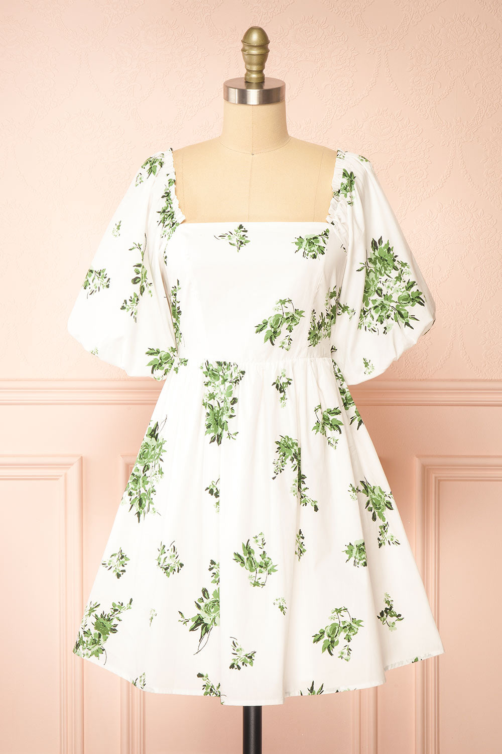 Vertuosa Short White Dress w/ Green Flowers | Boutique 1861 front view