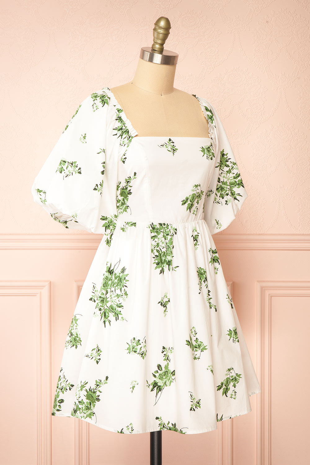 Vertuosa Short White Dress w/ Green Flowers | Boutique 1861 side view