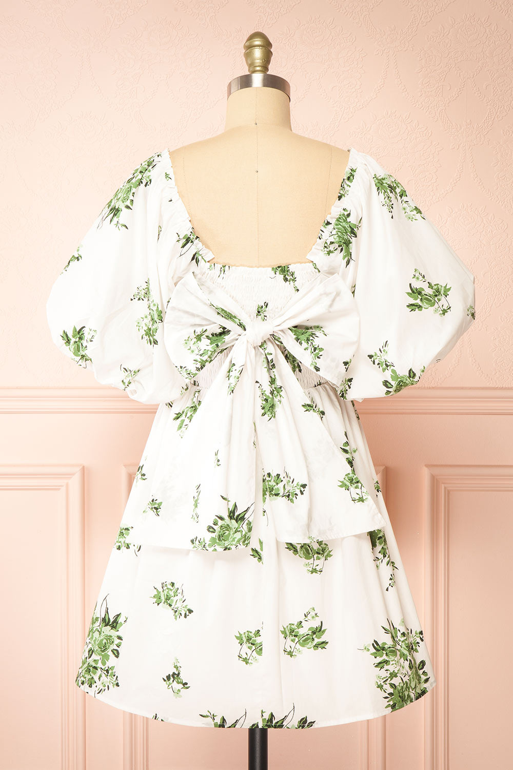 Vertuosa Short White Dress w/ Green Flowers | Boutique 1861 back view
