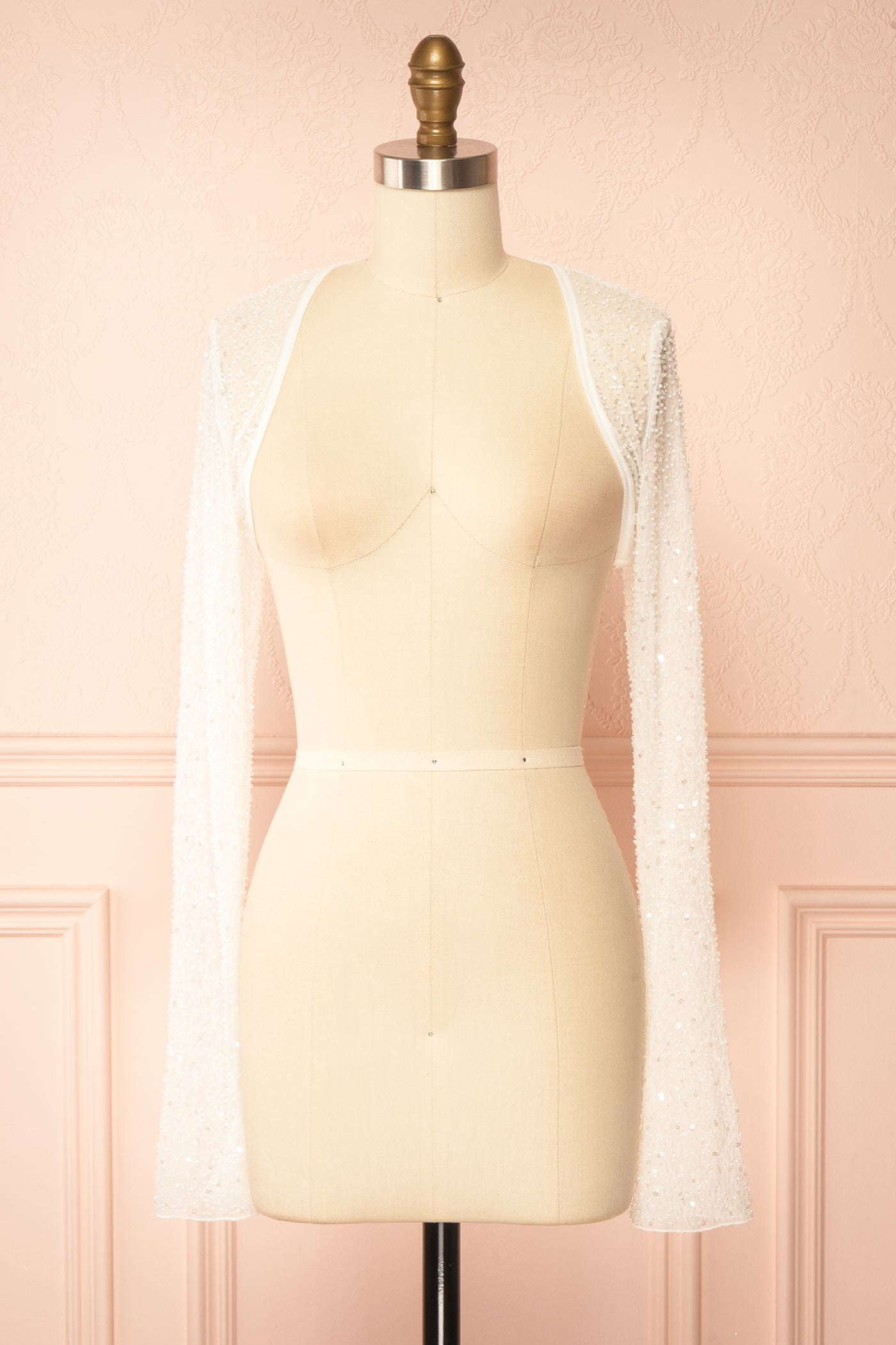 Frontview Vesperia Ivory Mesh Bolero with Beadwork at Boutique 1861