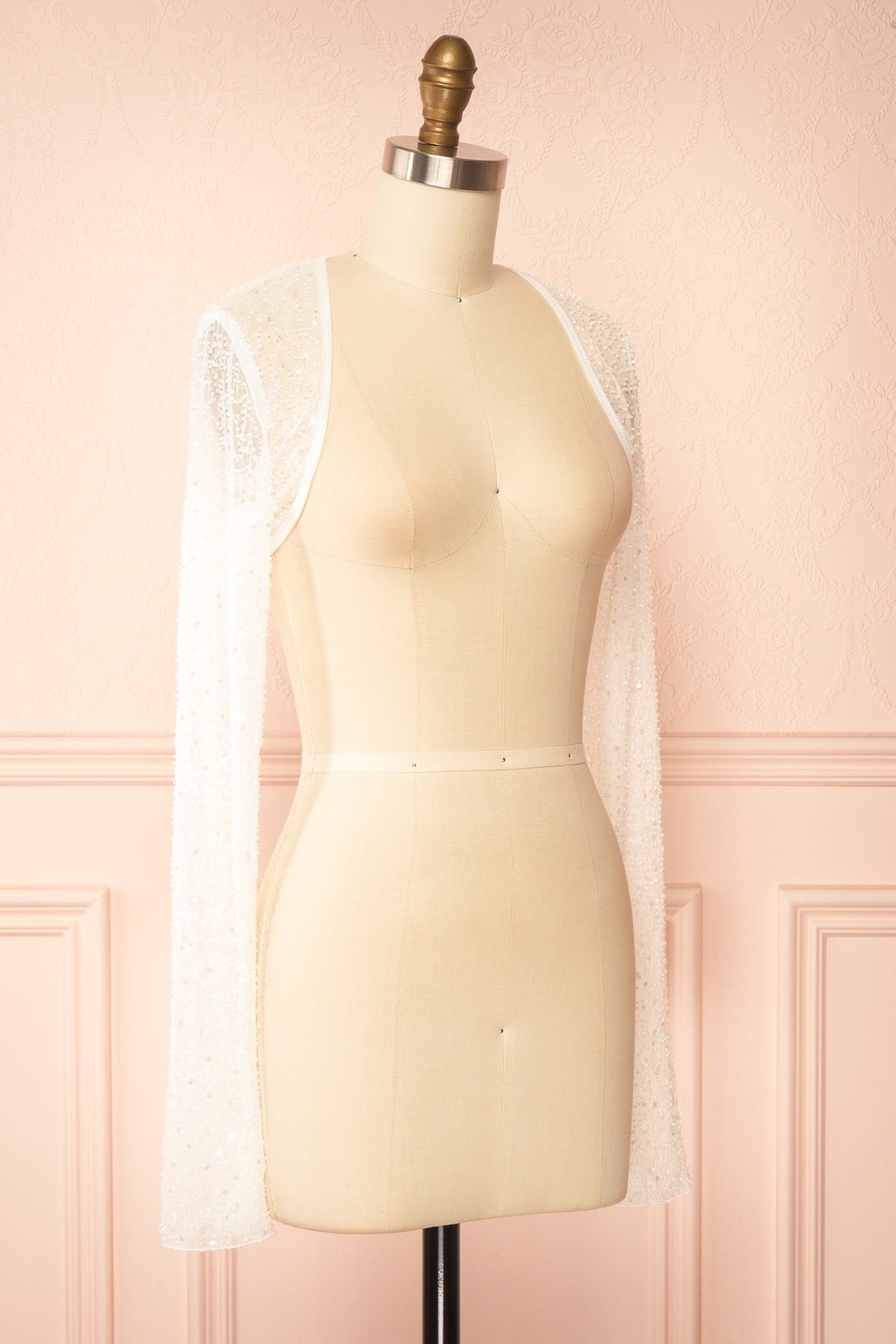 Sideview Vesperia Ivory Mesh Bolero with Beadwork at Boutique 1861