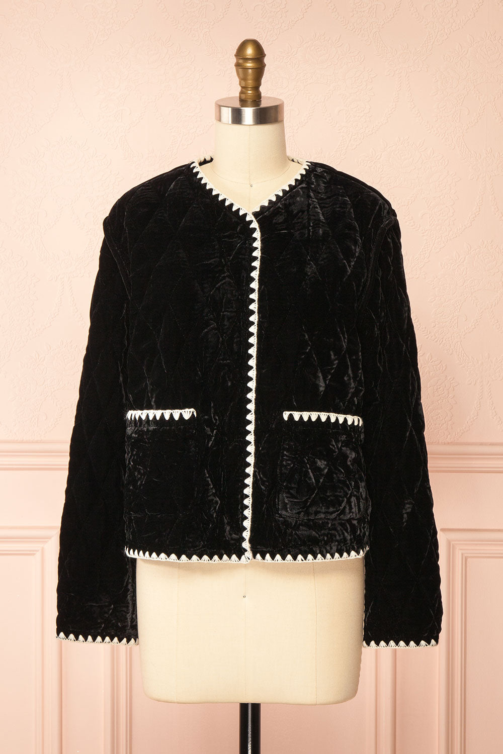 Vicenza Black Velvet Quilted Vest with Scalloped Trim | Boutique 1861 front view