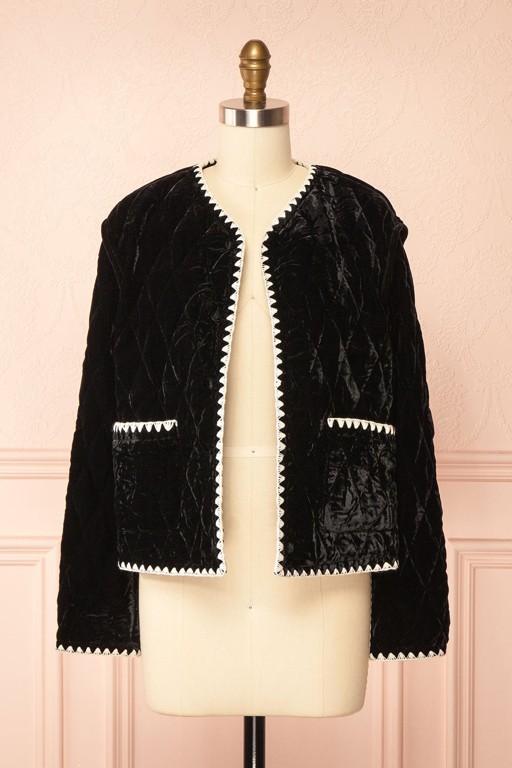 Vicenza Black Velvet Quilted Vest with Scalloped Trim | Boutique 1861 open view