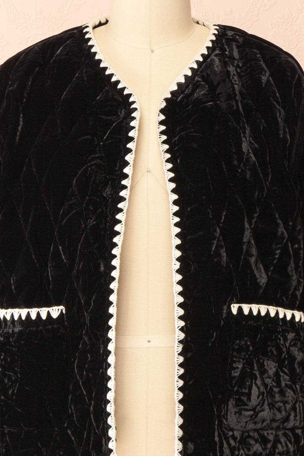 Vicenza Black Velvet Quilted Vest with Scalloped Trim | Boutique 1861 open 