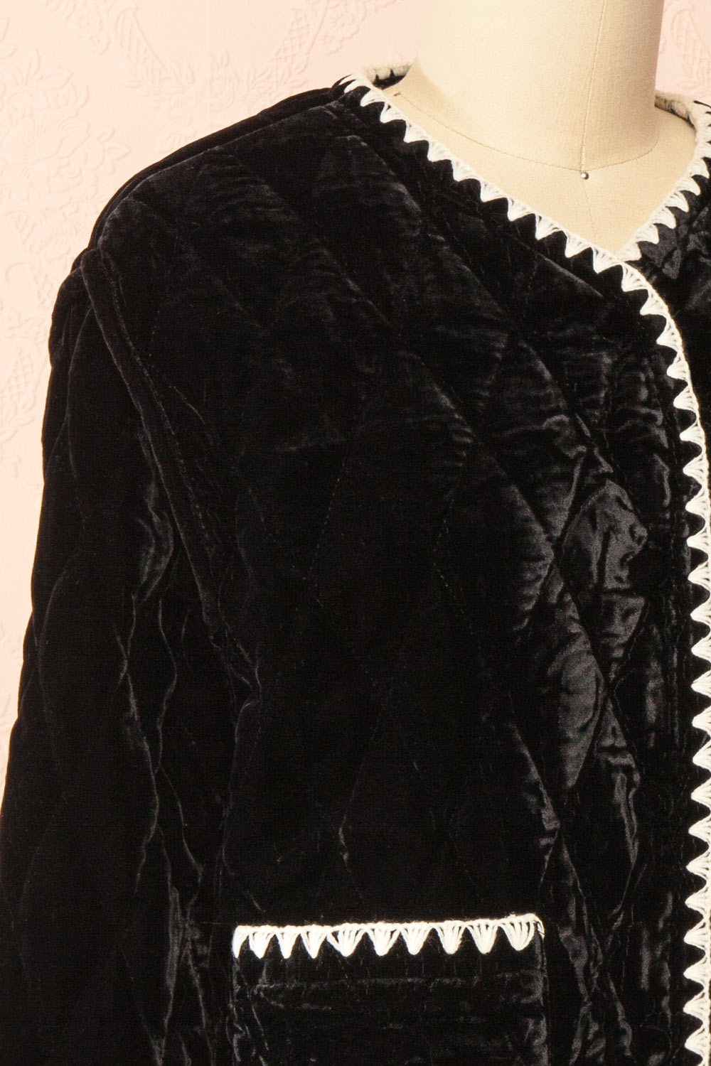 Vicenza Black Velvet Quilted Vest with Scalloped Trim | Boutique 1861 side