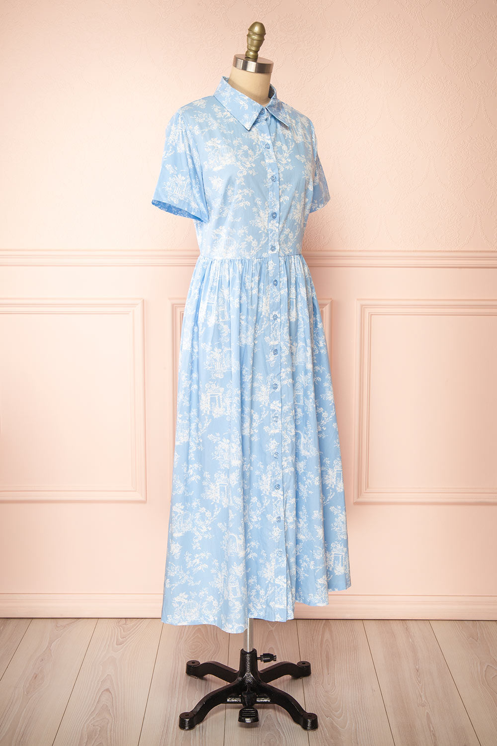 Victoire Blue Buttoned Midi Floral Shirt Dress | Boutique 1861 side view