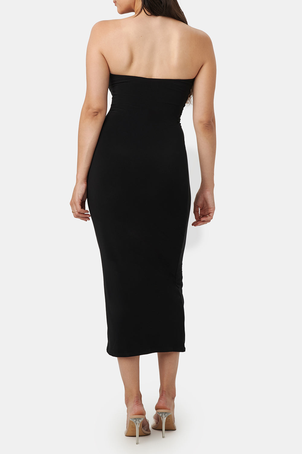 Victorya Black Strapless Fitted Midi Dress | La petite garçonne back on model