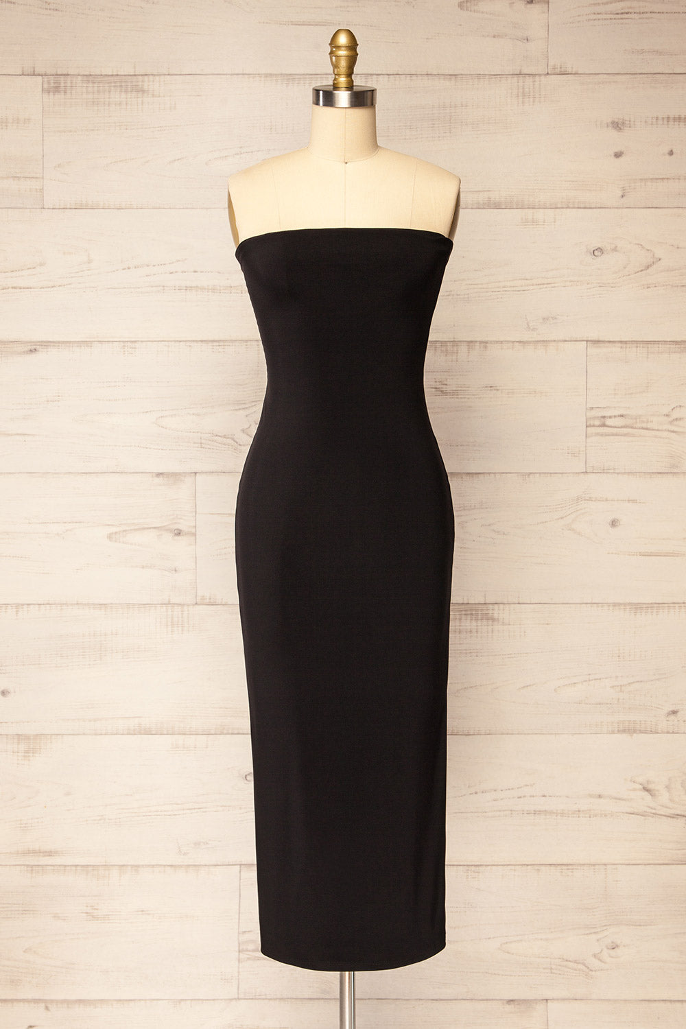 Victorya Black Strapless Fitted Midi Dress | La petite garçonne front view