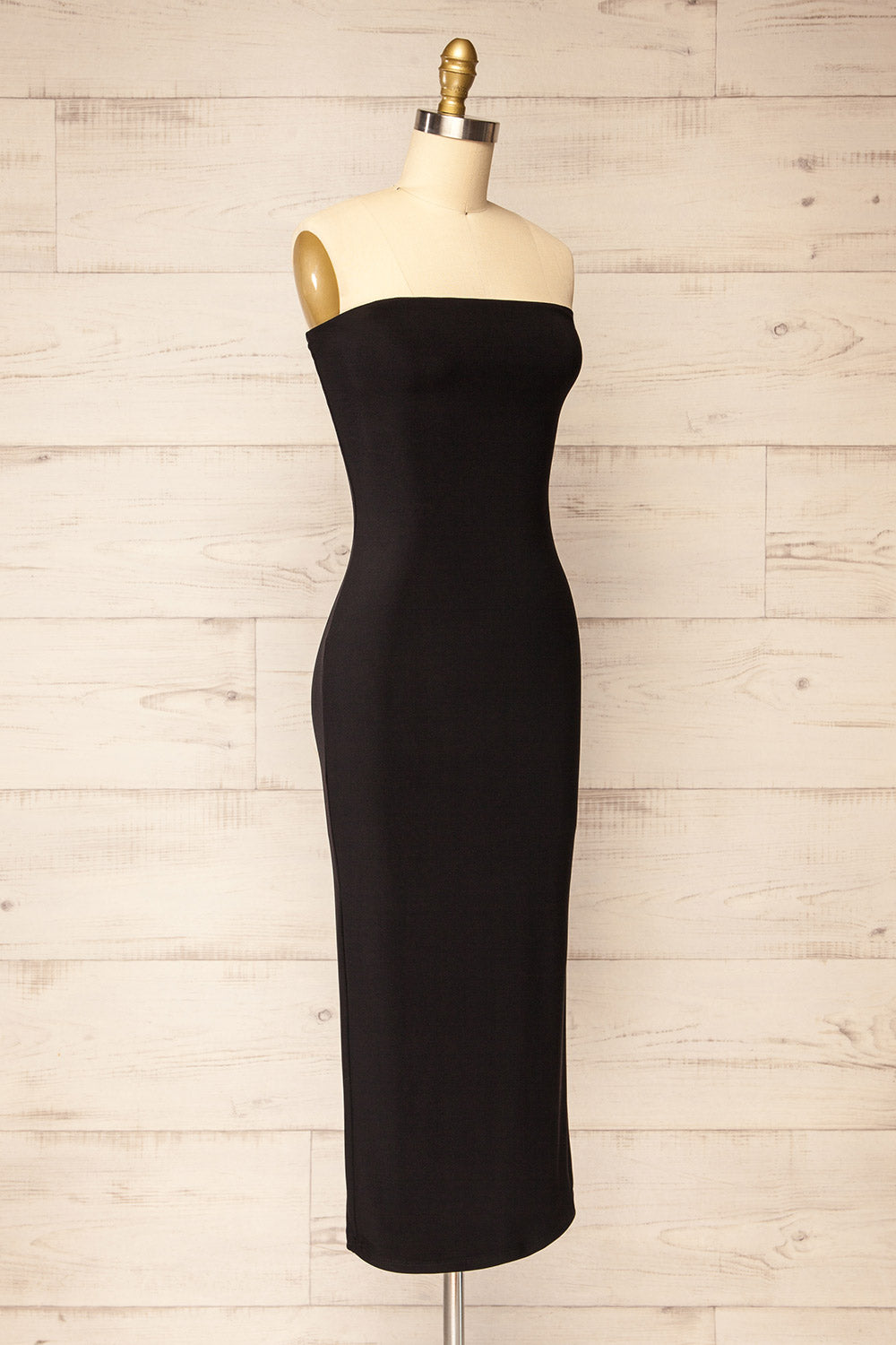 Victorya Black Strapless Fitted Midi Dress | La petite garçonne side view