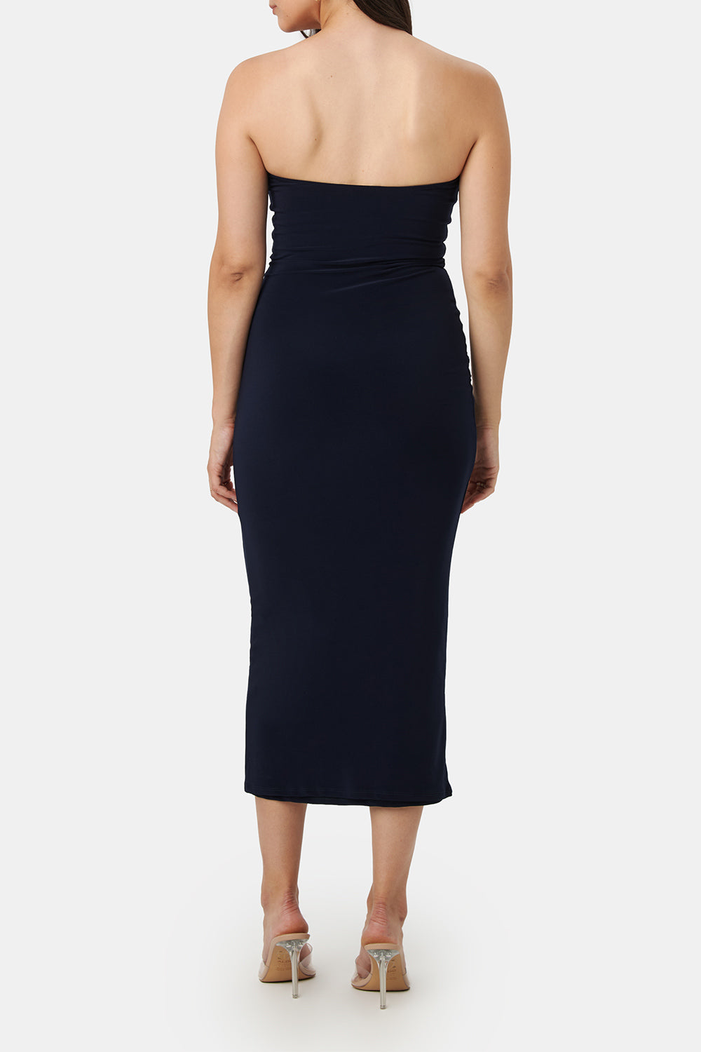 Victorya Navy Strapless Fitted Midi Dress | La petite garçonne back on model