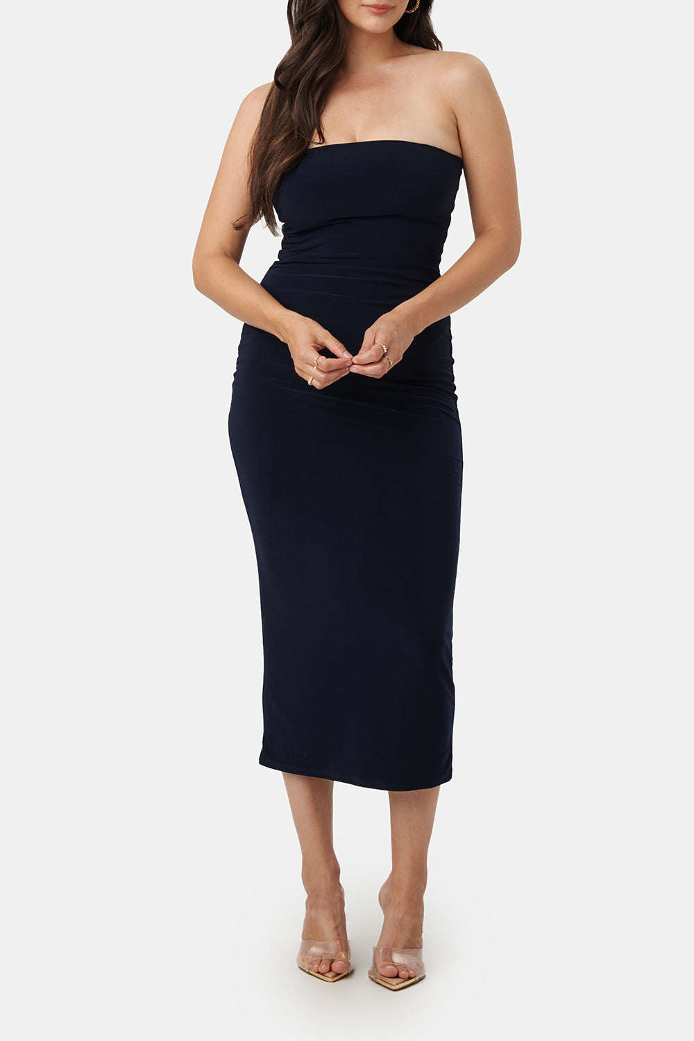 Victorya Navy Strapless Fitted Midi Dress | La petite garçonne on model