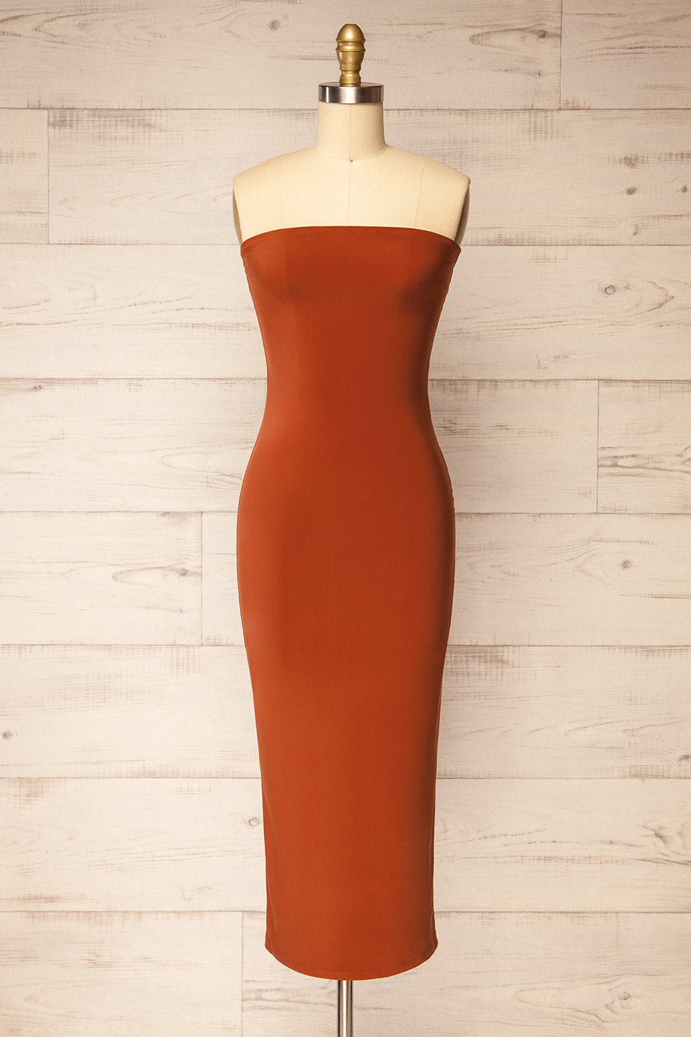 Victorya Rust Strapless Fitted Midi Dress | La petite garçonne front view