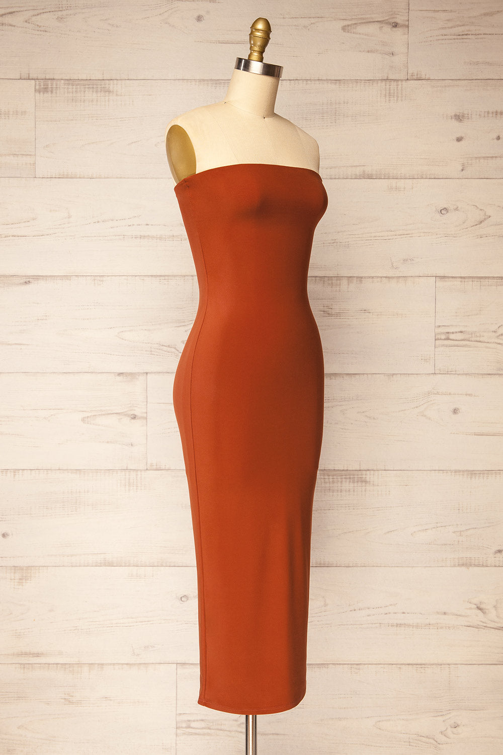 Victorya Rust Strapless Fitted Midi Dress | La petite garçonne side view