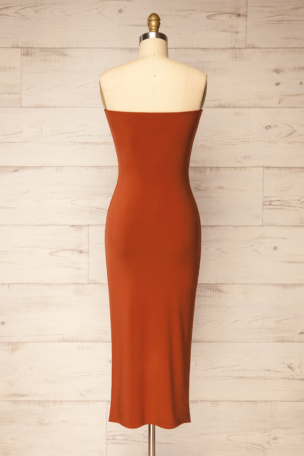 Victorya Rust Strapless Fitted Midi Dress | La petite garçonne back view