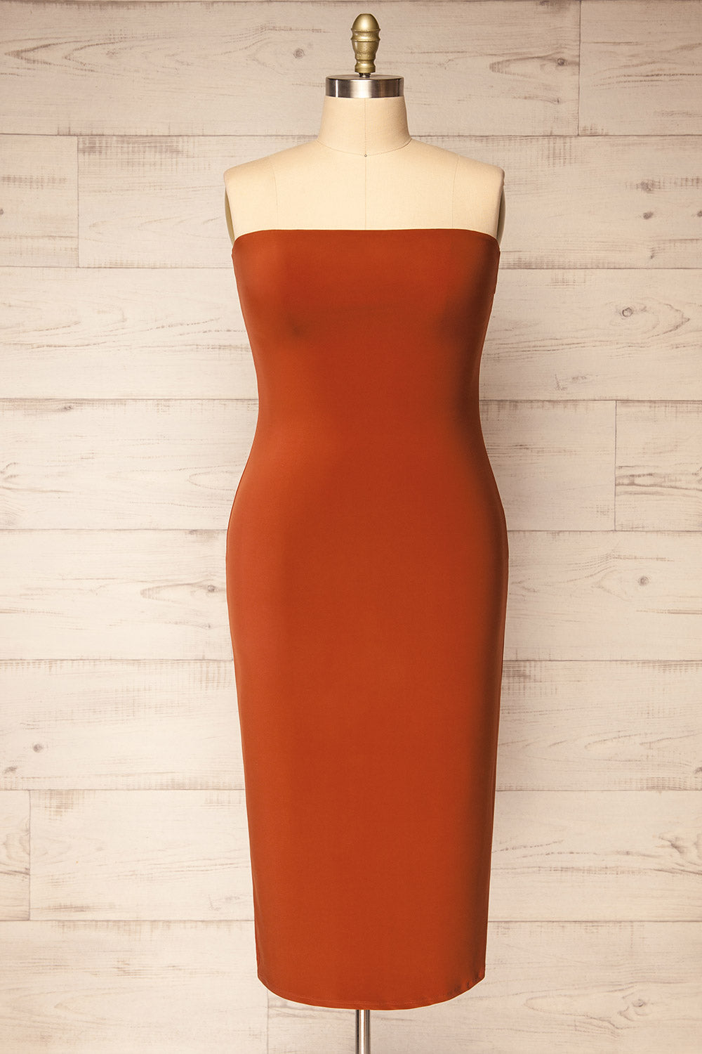 Victorya Rust Strapless Fitted Midi Dress | La petite garçonne front plus size