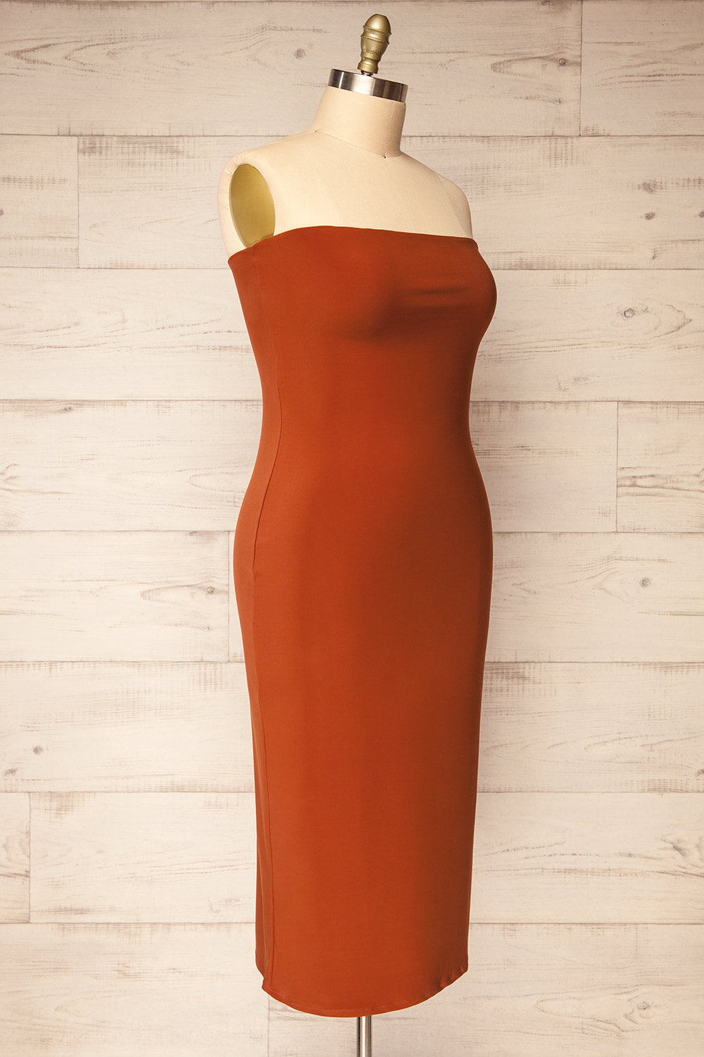 Victorya Rust Strapless Fitted Midi Dress | La petite garçonne side plus size