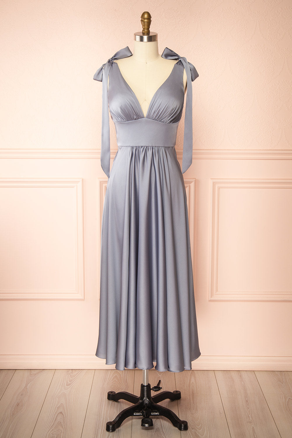 Vida Blue Satin Midi Dress w/ Tie Straps | Boutique 1861 front view