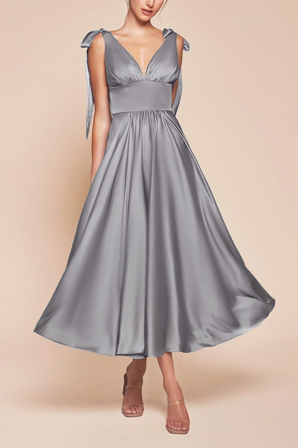 Vida Blue Satin Midi Dress w/ Tie Straps | Boutique 1861 model