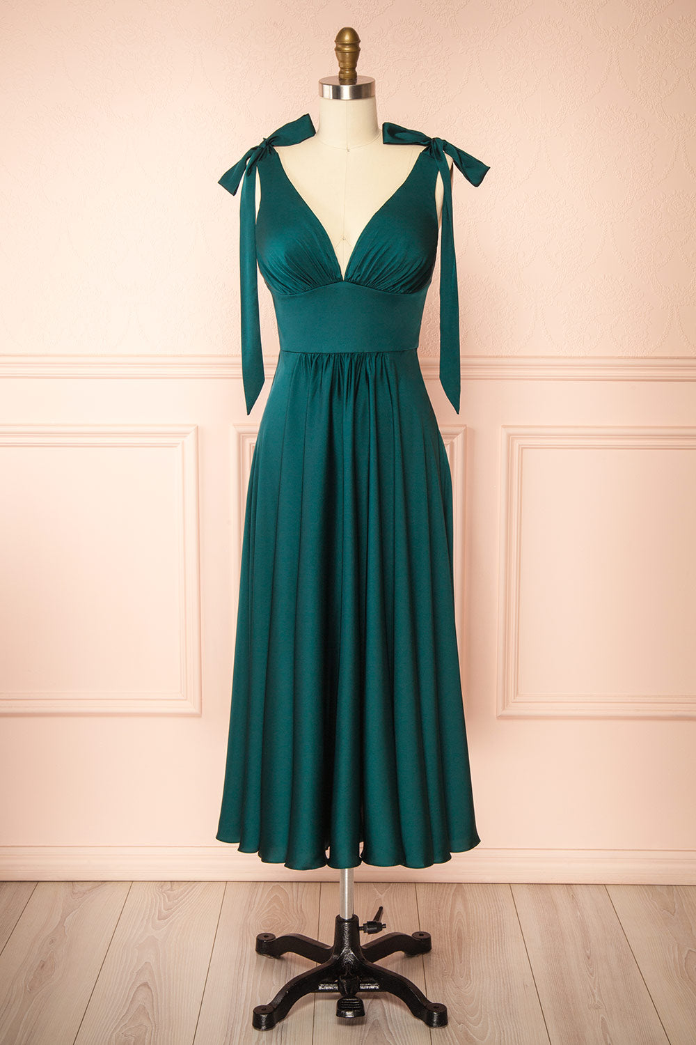 Vida Green Satin Midi Dress w/ Tie Straps | Boutique 1861 front view