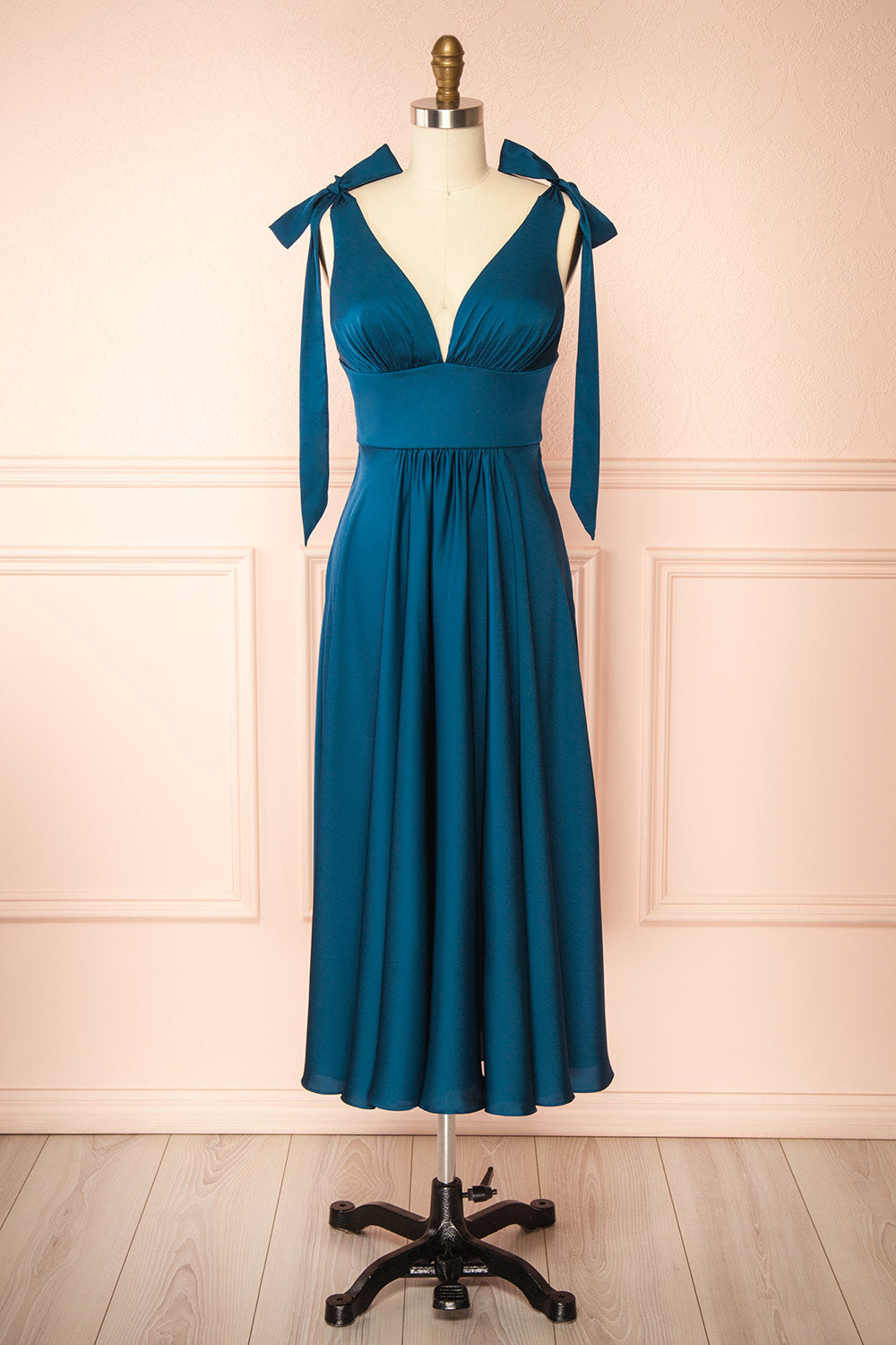 Vida Royal Blue Satin Midi Dress w/ Tie Straps | Boutique 1861 front view