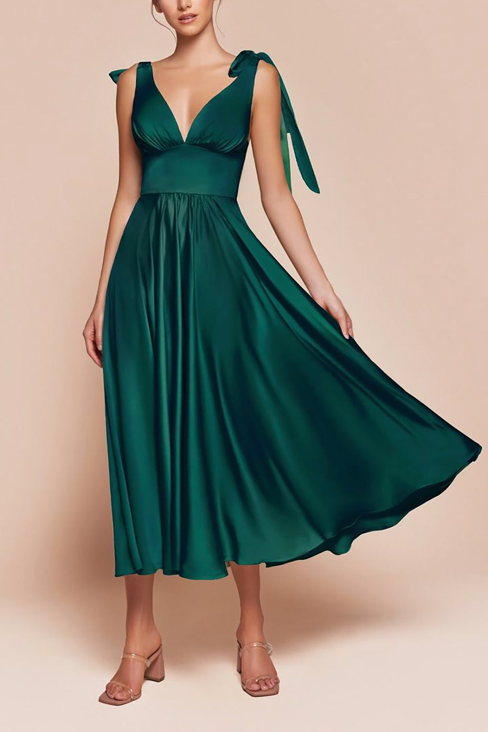 Vida Green Satin Midi Dress w/ Tie Straps | Boutique 1861 model