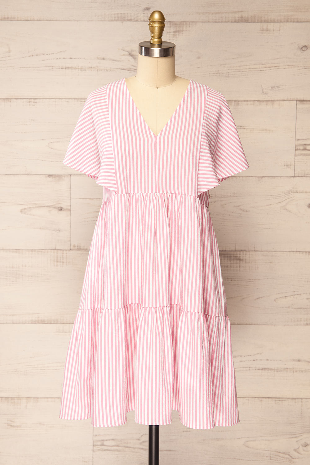 Vika Pink Striped Short Dress w/ Short Sleeves | La petite garçonne front view