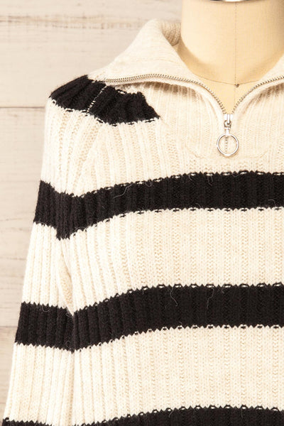 Villaggio Black Quarter-Zip Rib Knit Striped Sweater | La petite garçonne front close-up