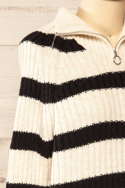 Villaggio Black Quarter-Zip Rib Knit Striped Sweater | La petite garçonne side close-up