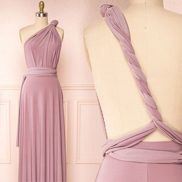 Mauve convertible dress on a mannequin against a light pink wall.