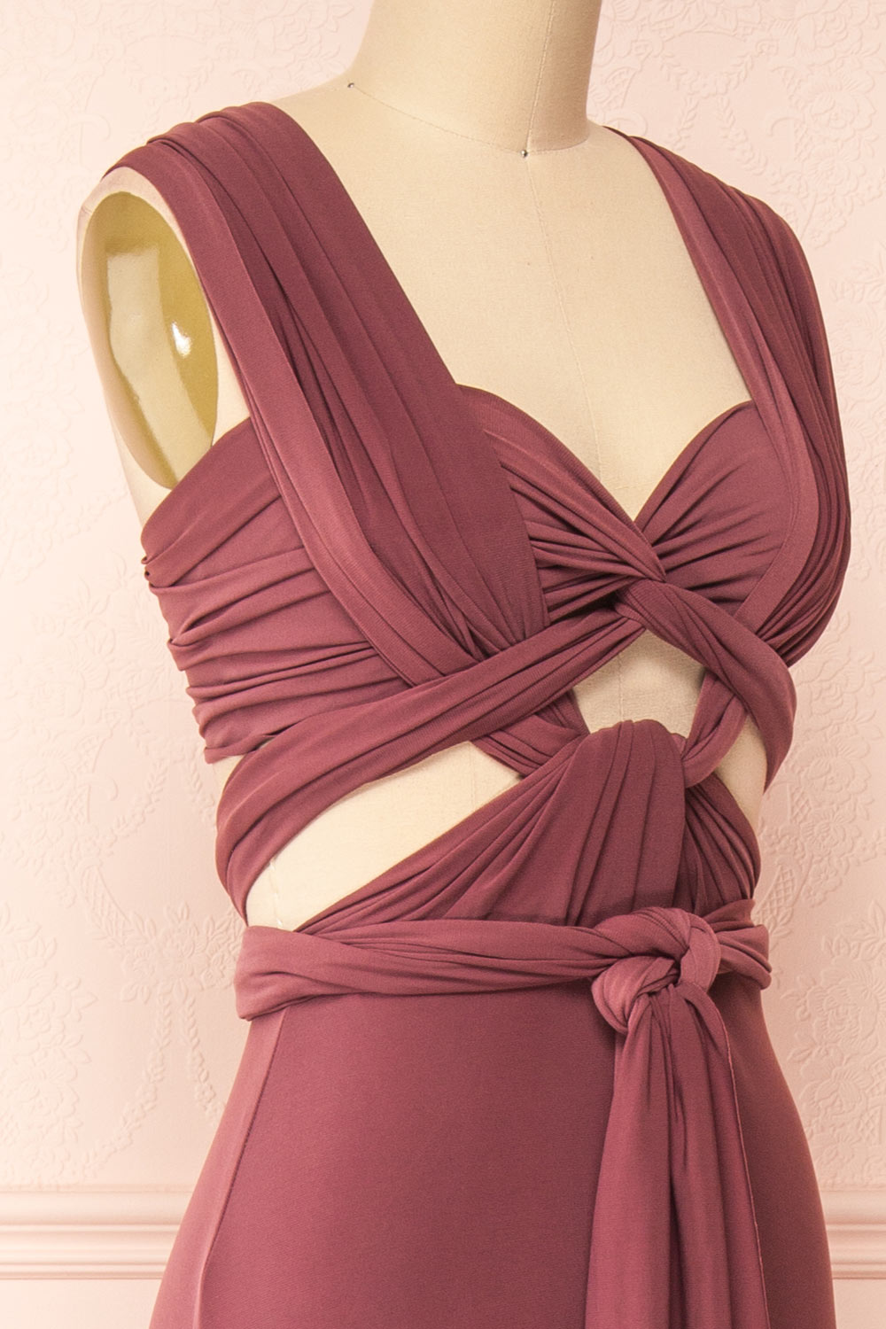 Violaine Dark Mauve Convertible Maxi Dress | Boutique 1861 side close-up