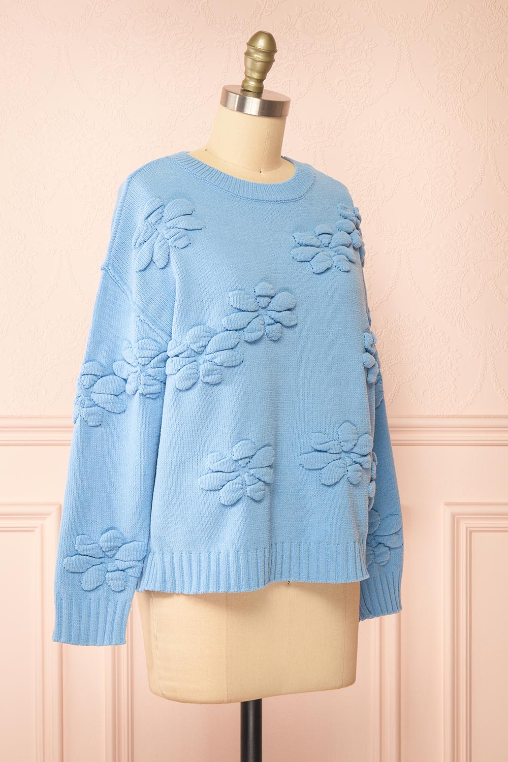 Vitis Blue Sweater w/ 3D Floral Embroidery | Boutique 1861  side view 