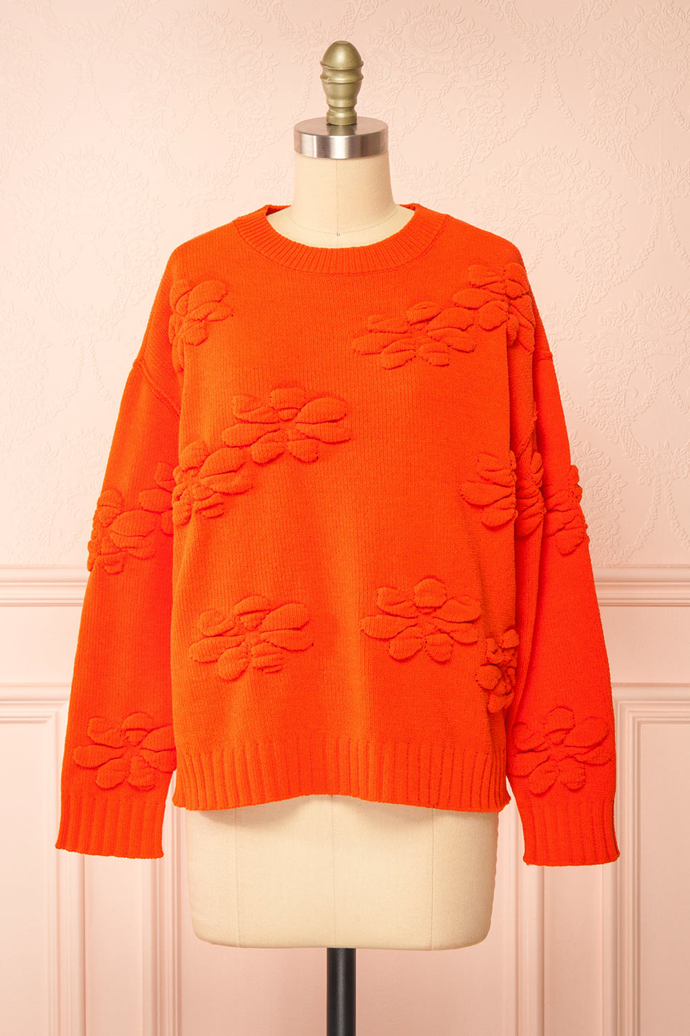 Vitis Orange Sweater w/ 3D Floral Embroidery | Boutique 1861 front view