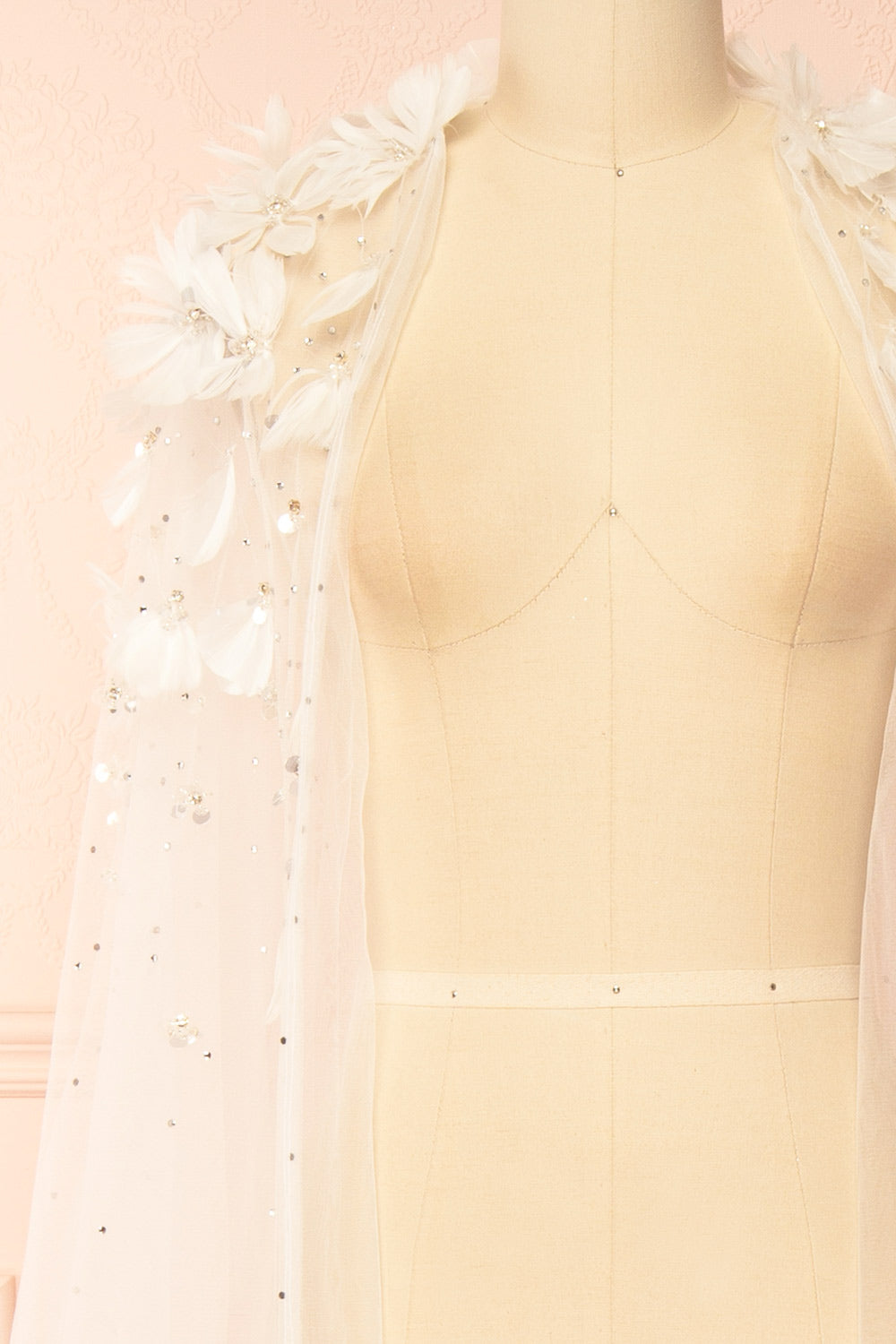 Volina Ivory Floral Embroidered Tulle Cape with Feathers | Boudoir 1861 front 