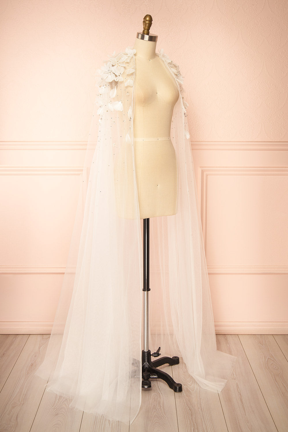 Volina Ivory Floral Embroidered Tulle Cape with Feathers | Boudoir 1861 side view