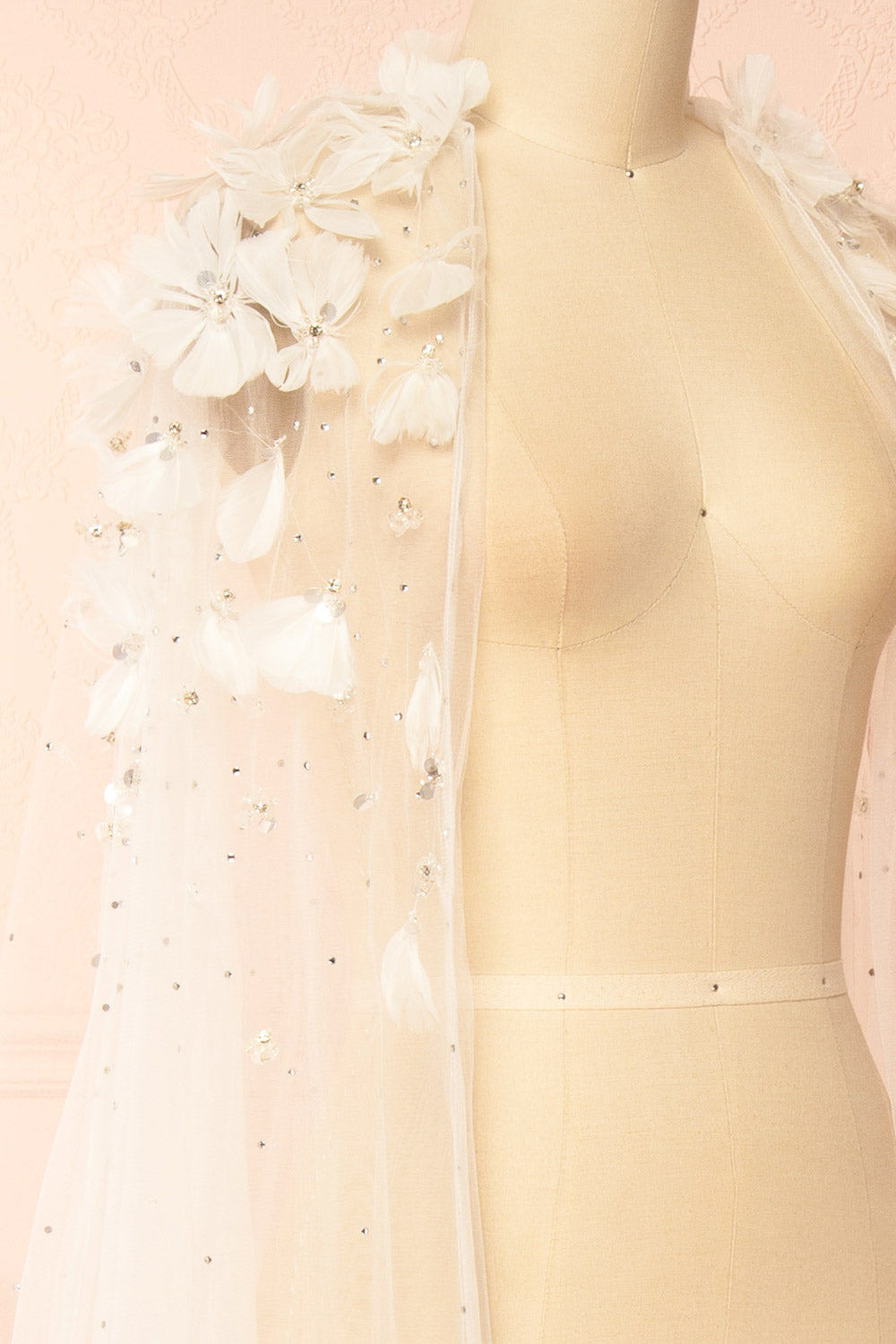 Volina Ivory Floral Embroidered Tulle Cape with Feathers | Boudoir 1861 side