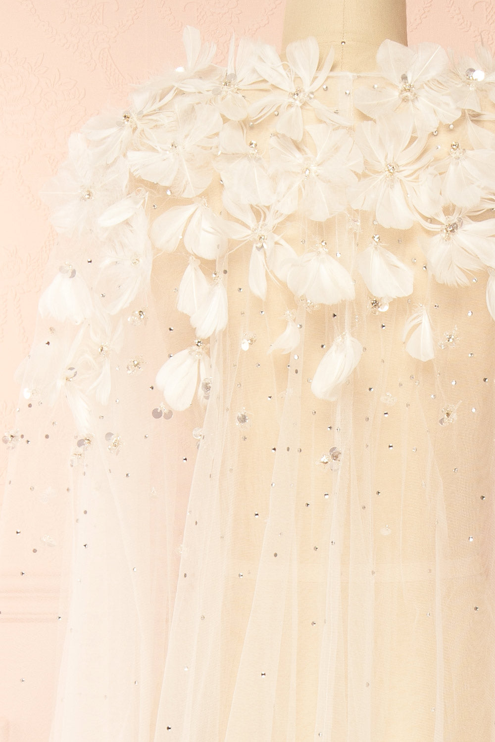 Volina Ivory Floral Embroidered Tulle Cape with Feathers | Boudoir 1861 back 