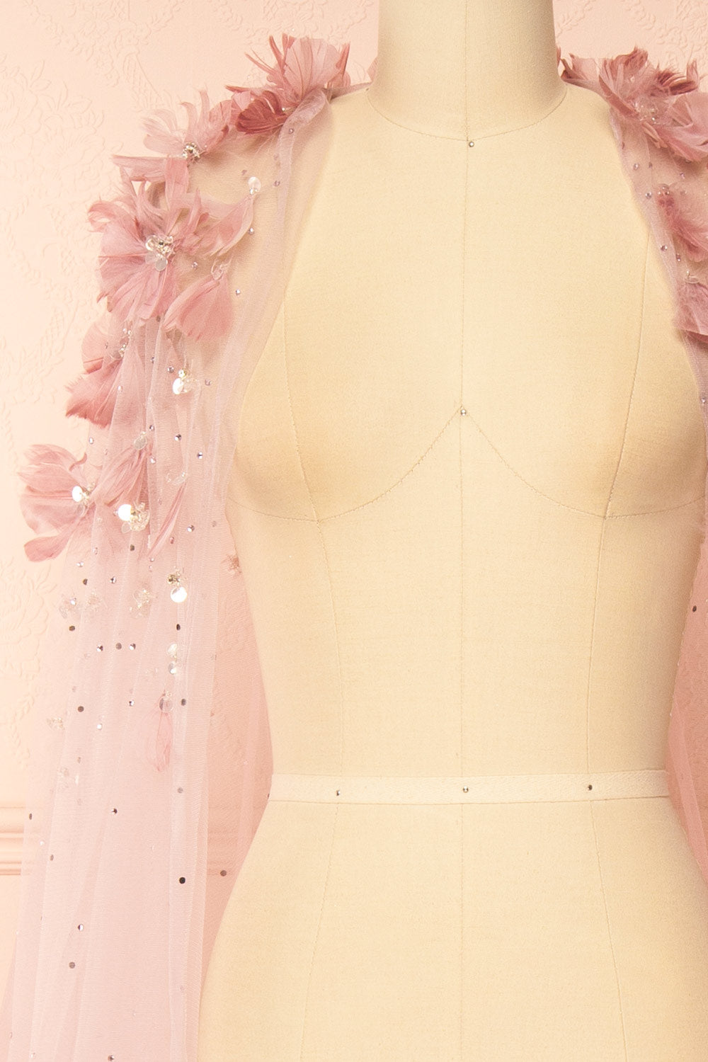 Volina Mauve Floral Embroidered Tulle Cape with Feathers | Boudoir 1861 front