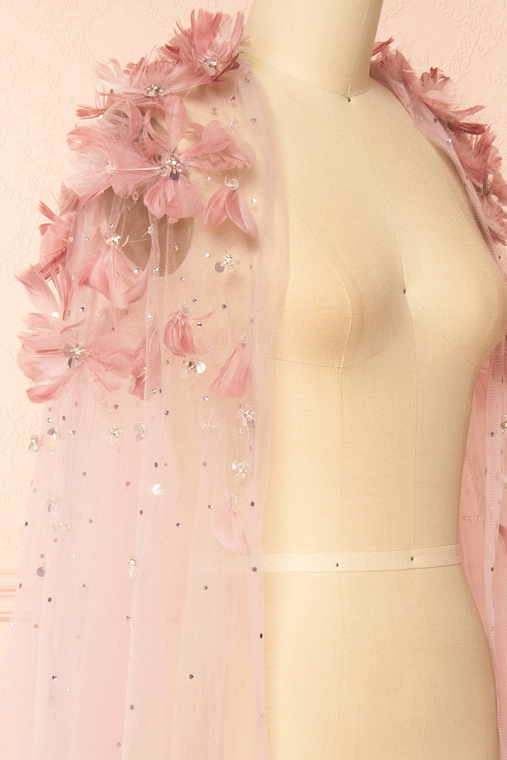 Volina Mauve Floral Embroidered Tulle Cape with Feathers | Boudoir 1861 side