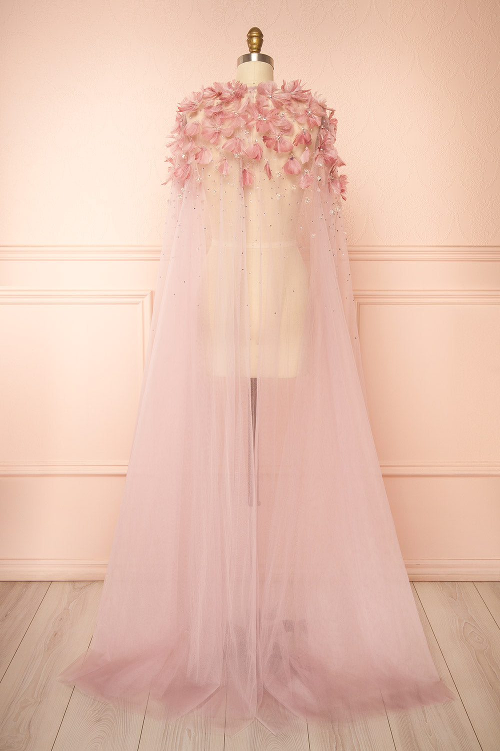 Volina Mauve Floral Embroidered Tulle Cape with Feathers | Boudoir 1861 back view