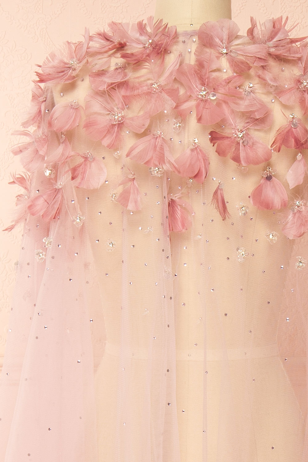 Volina Mauve Floral Embroidered Tulle Cape with Feathers | Boudoir 1861 back