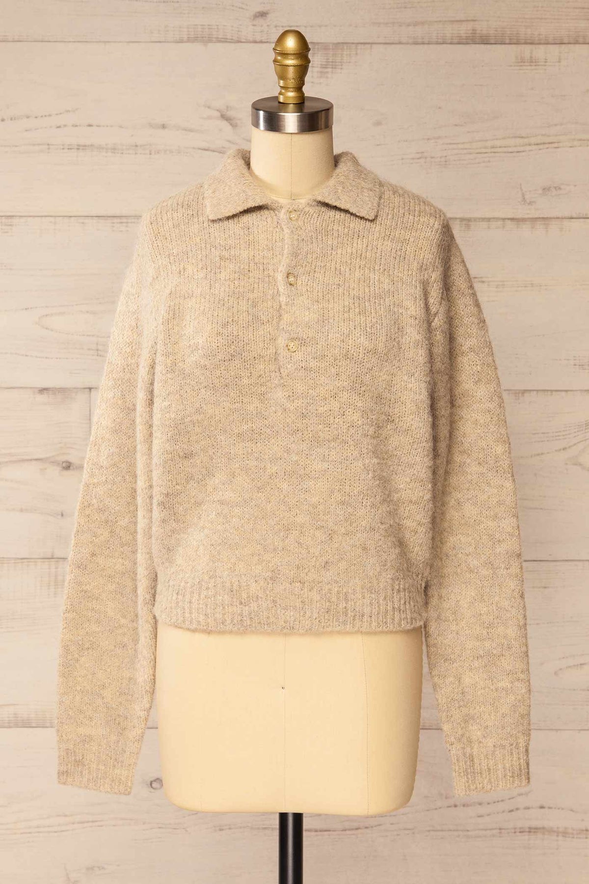 front view of Voront Beige Knit Sweater with Polo Neck at La petite garçonne