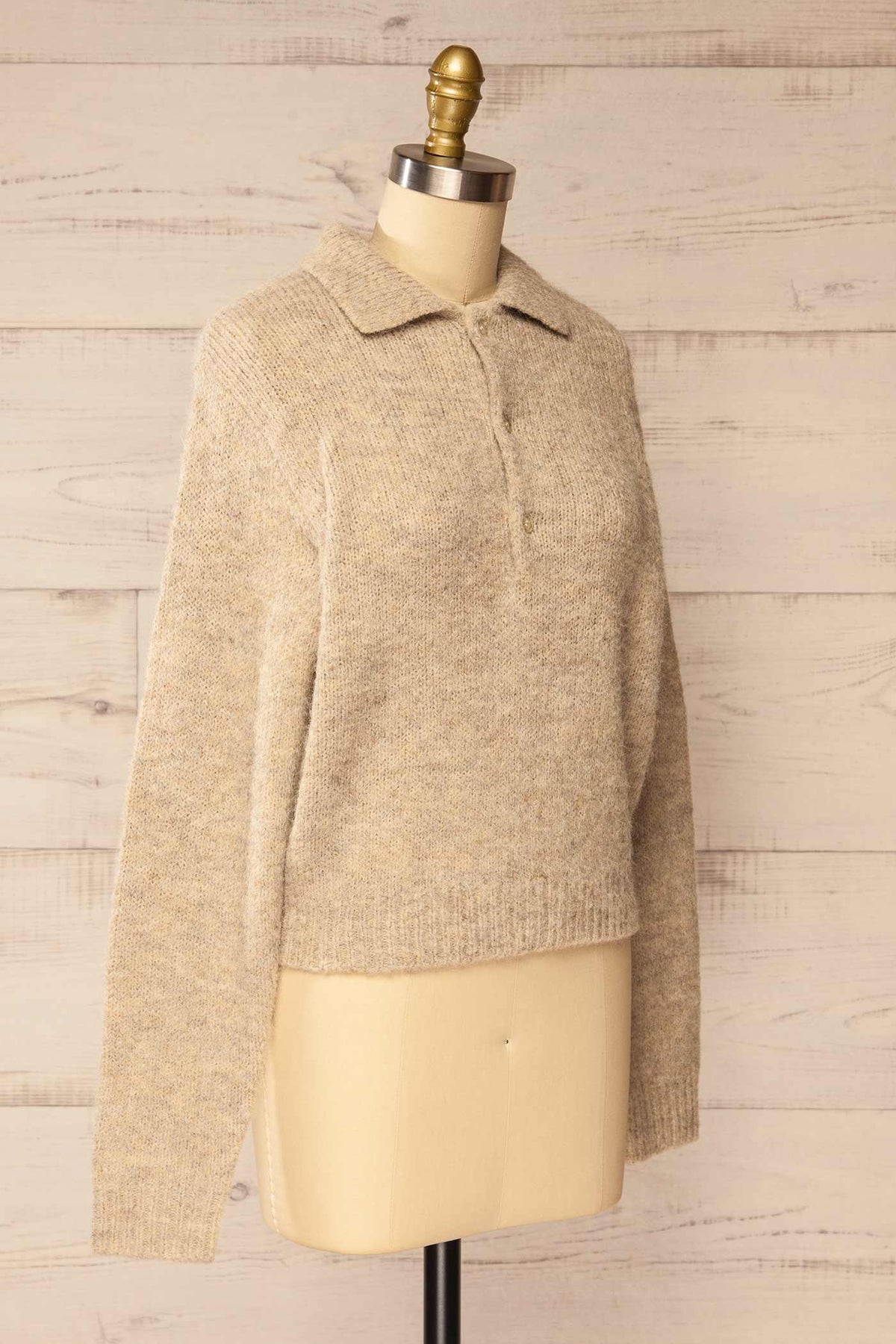 side view of Voront Beige Knit Sweater with Polo Neck at La petite garçonne