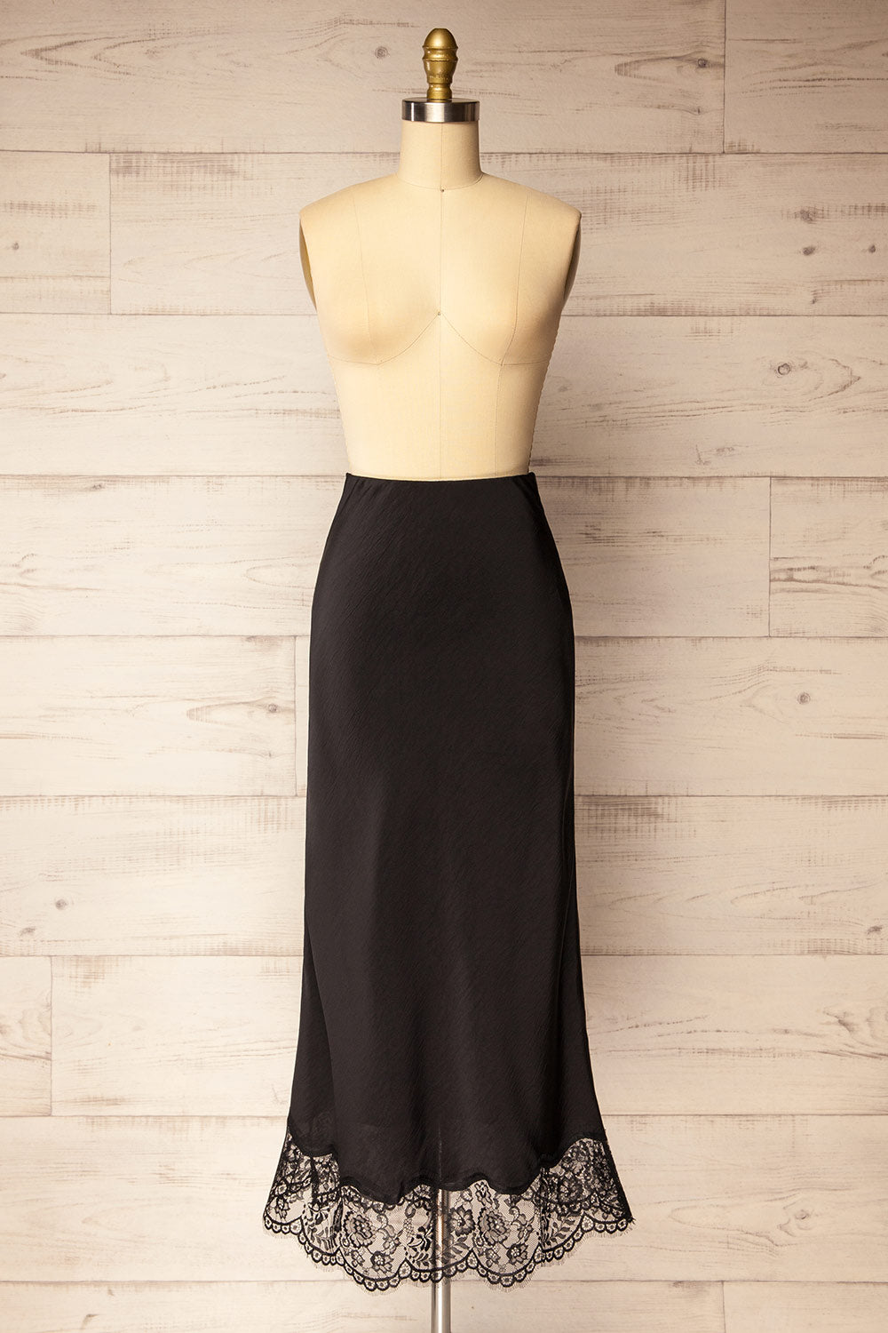 Vrako Black Midi Satin Skirt with Lace | La petite garçonne front view