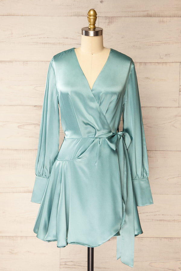 Warrington | Blue Green Satin Wrap Dress