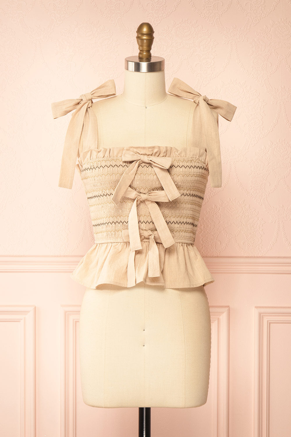 Whitney Beige Ruched Top with Bows | Boutique 1861 front view
