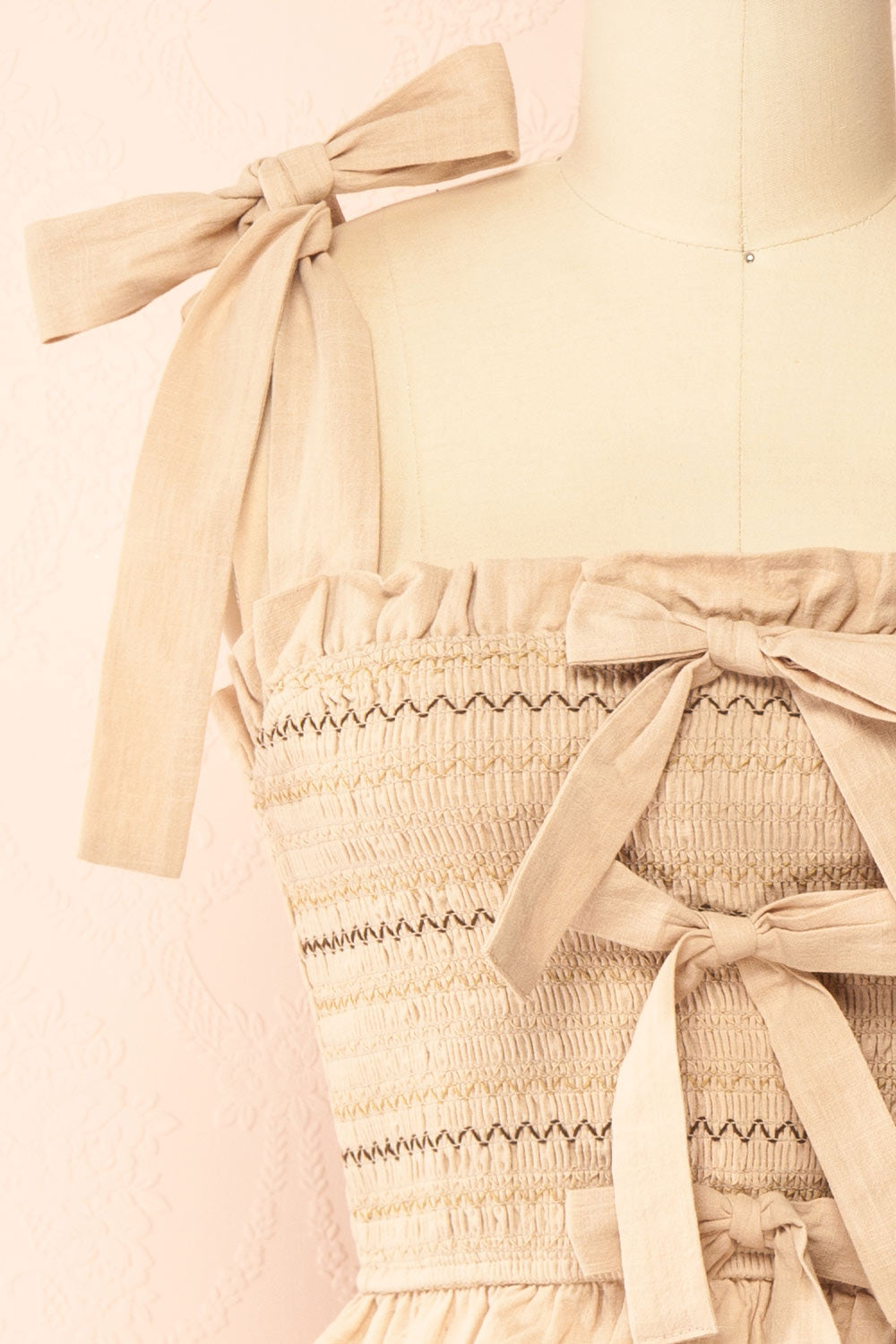 Whitney Beige Ruched Top with Bows | Boutique 1861 front