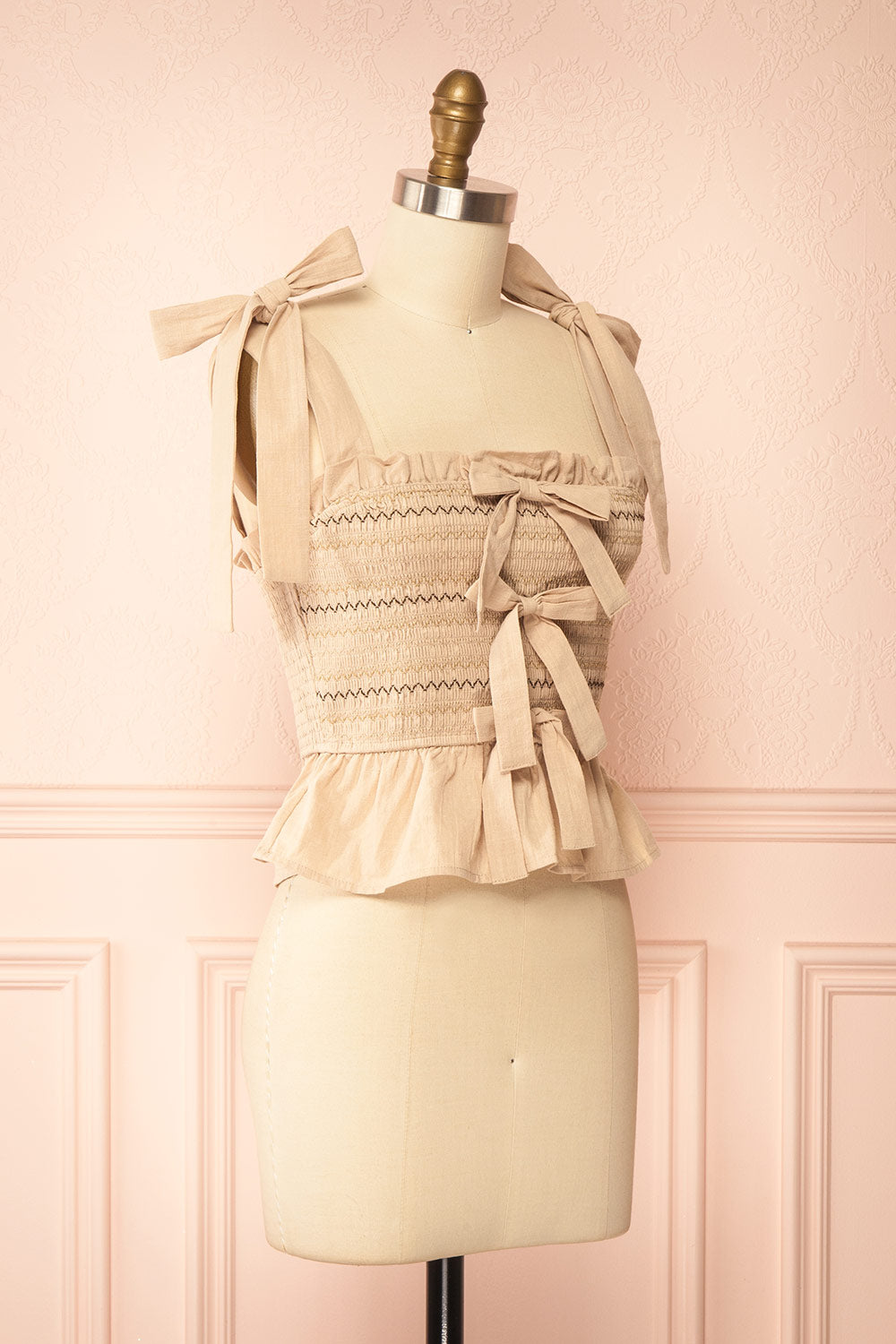 Whitney Beige Ruched Top with Bows | Boutique 1861 side view